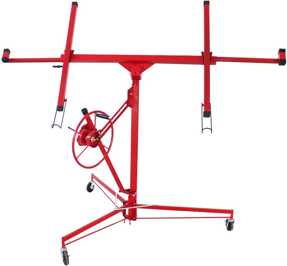 11' Drywall Lift Panel Hoist, Jack Lifter Jack Rolling Lockable Caster Wheel Drywall Lift Construction Tools (Red-Upgrade)