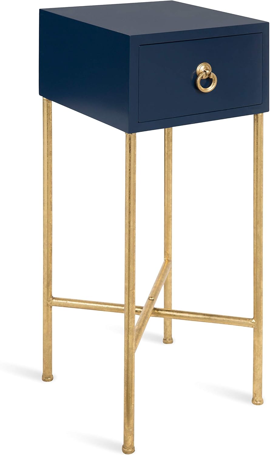 Kate and Laurel Decklyn Modern Glam Wood Side Accent Table with Drawer, Navy/Gold