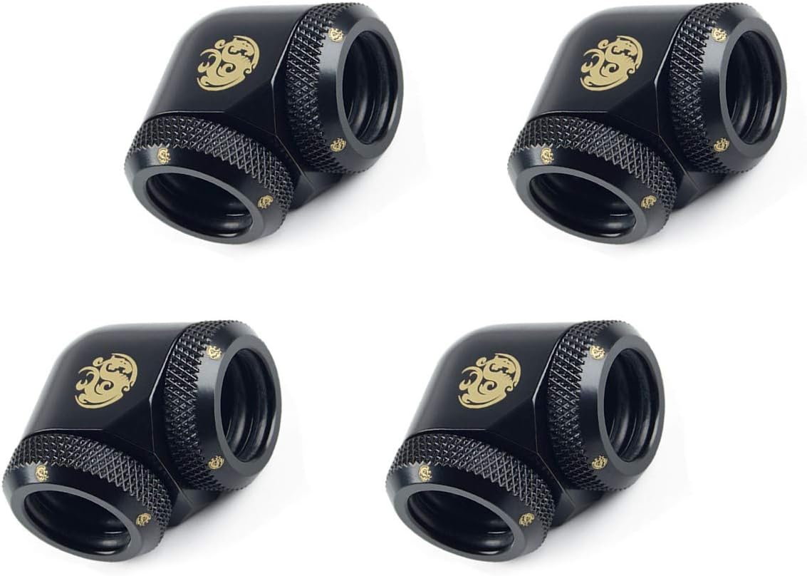 Bitspower Dual Enhance Multi-Link Adapter Fitting for 14mm OD Rigid Tubing, 90 Degree Angle, Matte Black, 4-Pack