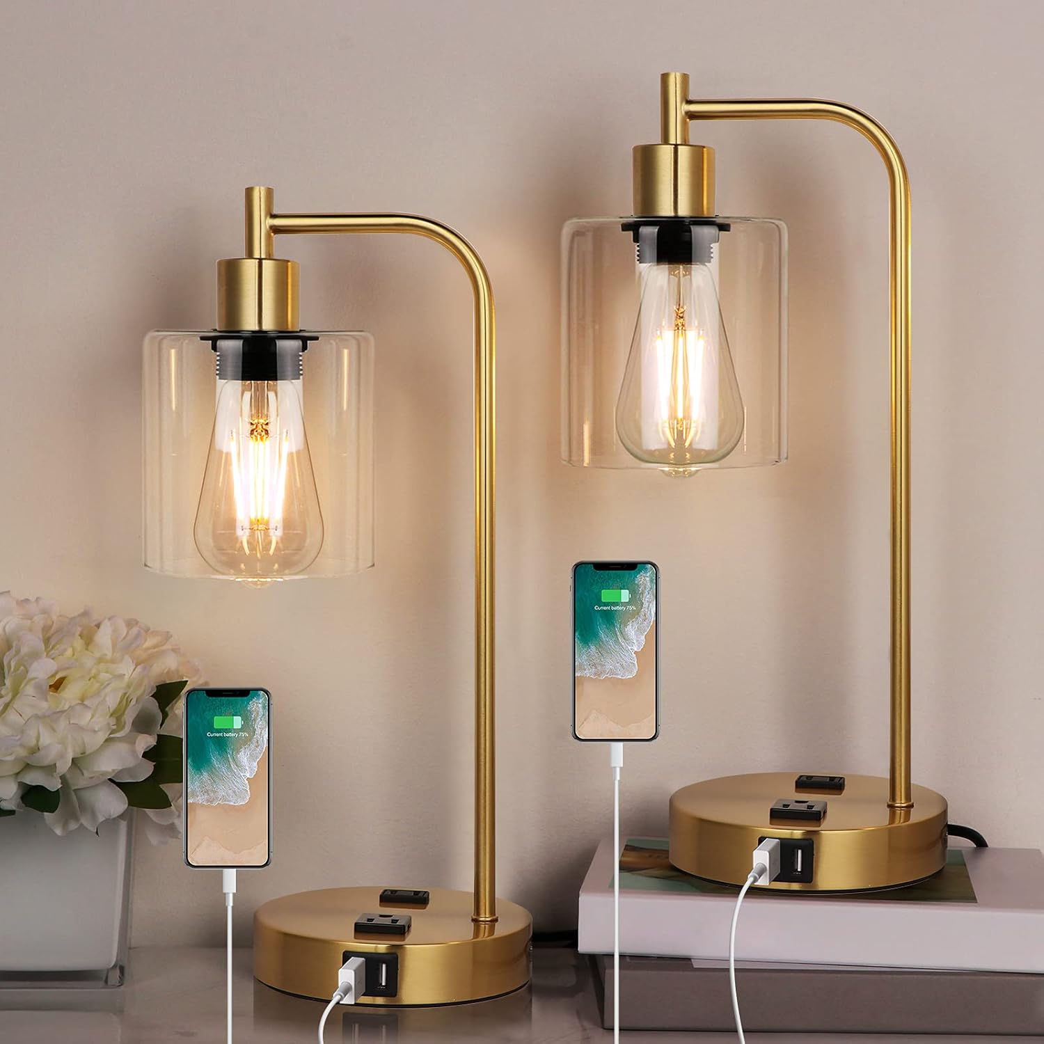 Qimh Set of 2 Industrial Touch Control Table Lamps with 2 USB Ports and 2 AC Outlets, 3-Way Dimmable Bedside Nightstand Reading Lamps with 2 Light Bulbs, Glass Shade Desk Lamp for Living Room,Bedroom