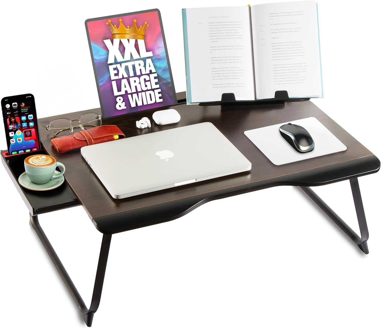 Cooper Mega Table [XXL Extra Large - Premium Build] Folding Bed Desk, Lap Desk & Laptop Table | Drawer, Book Stand, Lots of Leg Space (Black Onyx) Pack of 2