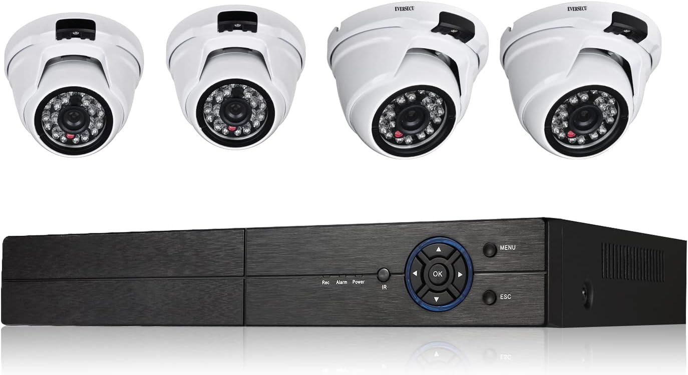 Eversecu 4 Channel Security Camera System 5MP DVR and (4) 5.0MP Weatherproof Dome Cameras Support Night Vison Weatherproof, Motion Alert, Smartphone, PC Easy Remote Access (NO HDD Included)