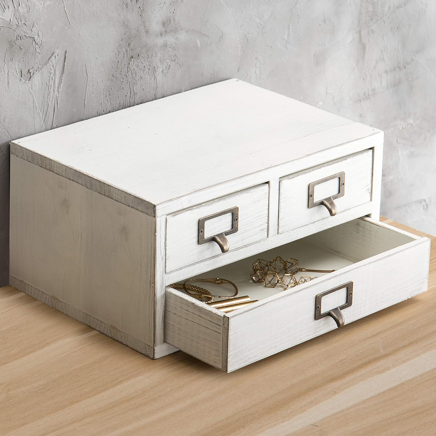 MyGift Vintage White Wood 3-Drawer Desktop Storage Box Organizer Pack of 2