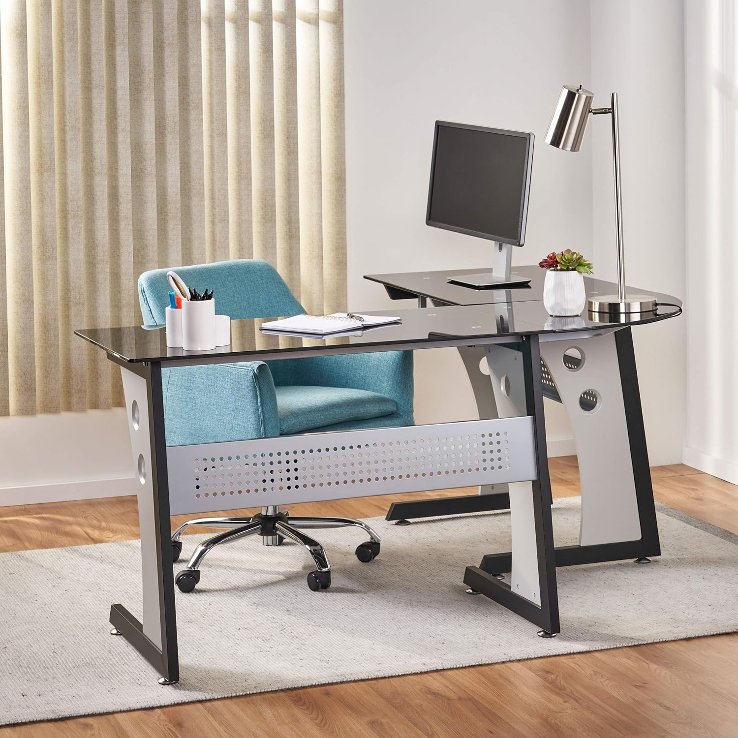 Christopher Knight Home Oria L-Shaped Office Desk with Tempered Glass Top, Black / Grey