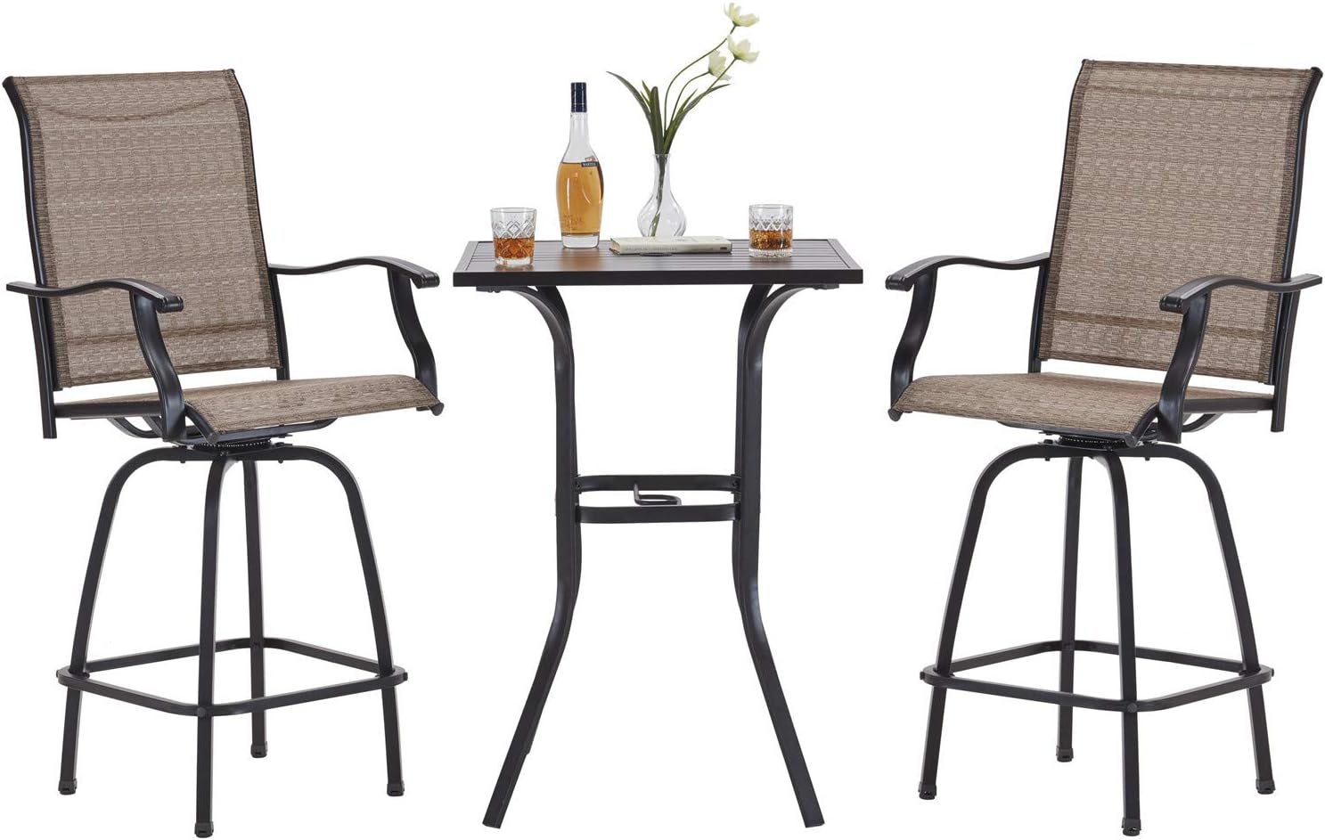 VICLLAX Outdoor Patio Swivel Bar Set, 3 Pieces Set Outdoor Patio Furniture, Metal Bistro Set, Patio Bar Height Table and Chairs, Black Frame