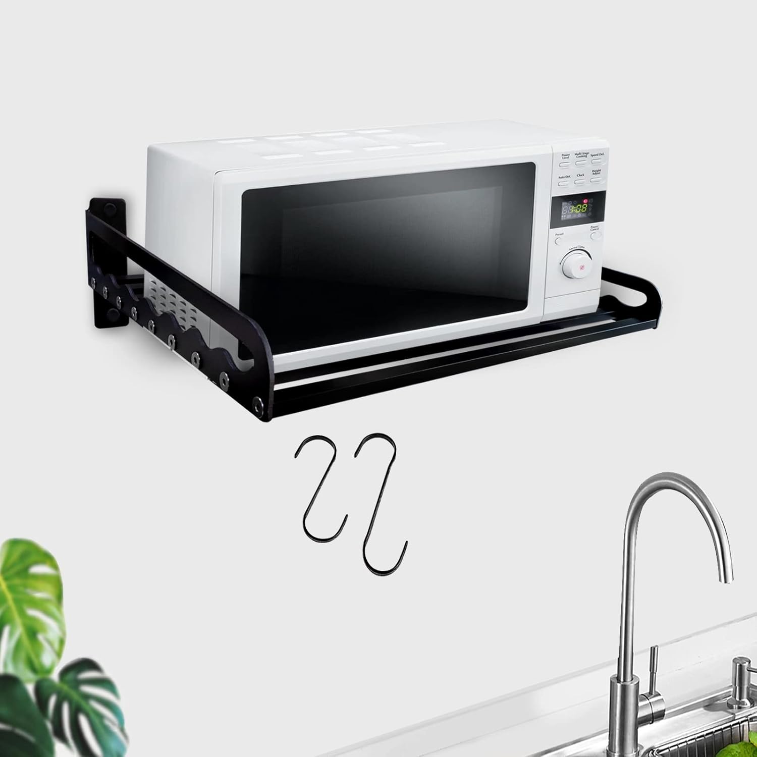 Wall Mounted Microwave Oven Rack Storage Shelf Holder Household Kitchen Organizer Bracket with 2 Hooks Space Aluminum Black (23.62 x 15.55inch) Pack of 2