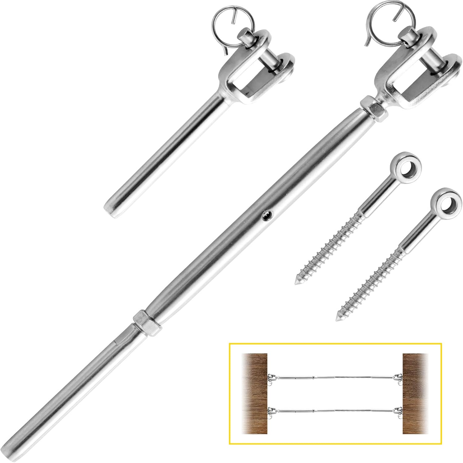 Happybuy Steel Cable Railing Kit, T316 Stainless Steel Railing Cable Kit System, Fit 1/8” Rope Wire Railing Kit Angle 180° Adjustable Turnbuckle Tensioner Cable Railings for Decks Wood Post, 22 Pairs Pack of 2