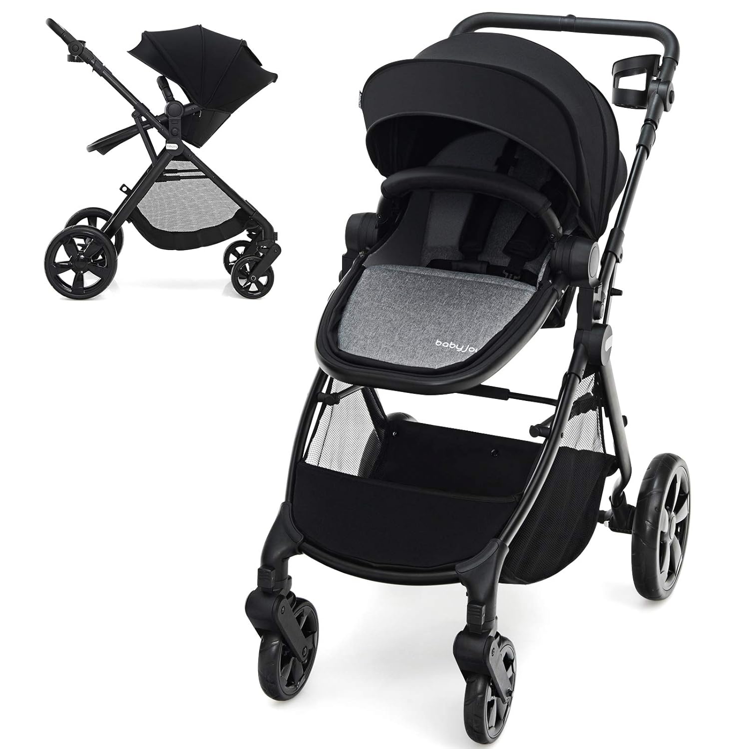 BABY JOY Baby Stroller, 2 in 1 Aluminum Carriage w/Reversible Seat, Cup Holder, 5-Point Harness, Adjustable Handle/Canopy/Backrest, Large Storage Basket, One-Step Folding Stroller for Infant (Black)