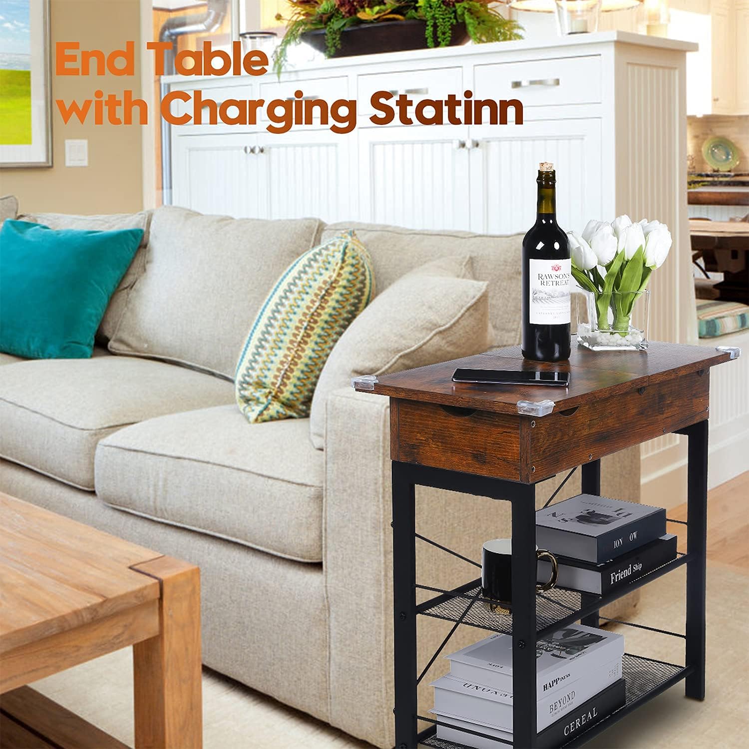 Kuyang End Table with Storage Shelf, Narrow FlipTop End SideTable with USB Ports and Anti-Collision Angle & Power Outlets for Small Spaces,Nightstand SofaTable for Living Room, Bedroom Retro Brown