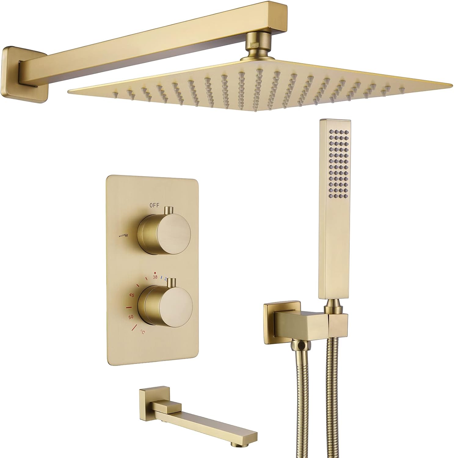 LANSEN Thermostatic Rain Shower Head Kit Matte Black Shower Combo Set for Bathroom Rainfall Shower Head with Handheld Sprayer, Shower System Rough-in Brass Valve Included, 2-Function, Wall Mounted