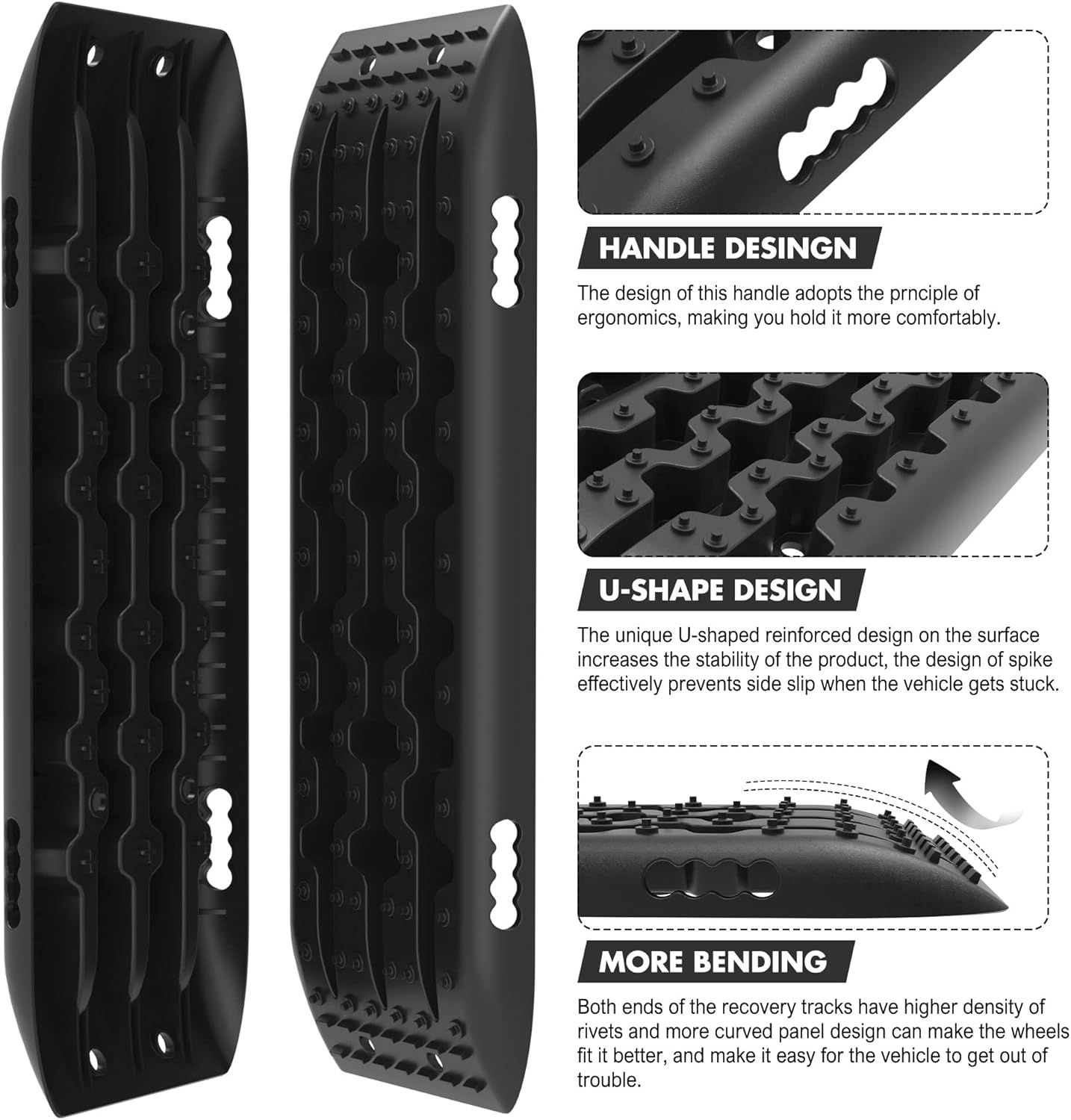JUVENED Recovery Traction Tracks 2 Pcs Off-Road Recovery Traction Mats for Sand Snow Mud and Track Tire Ladder 4WD ( Black ) Pack of 2