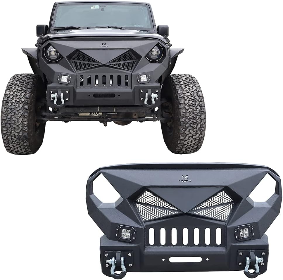 Vijay Front Bumper with Winch Plate and 4 LED Lights and Texture Black and D-rings compatible with 2007-2017 Wrangler JK & JKU