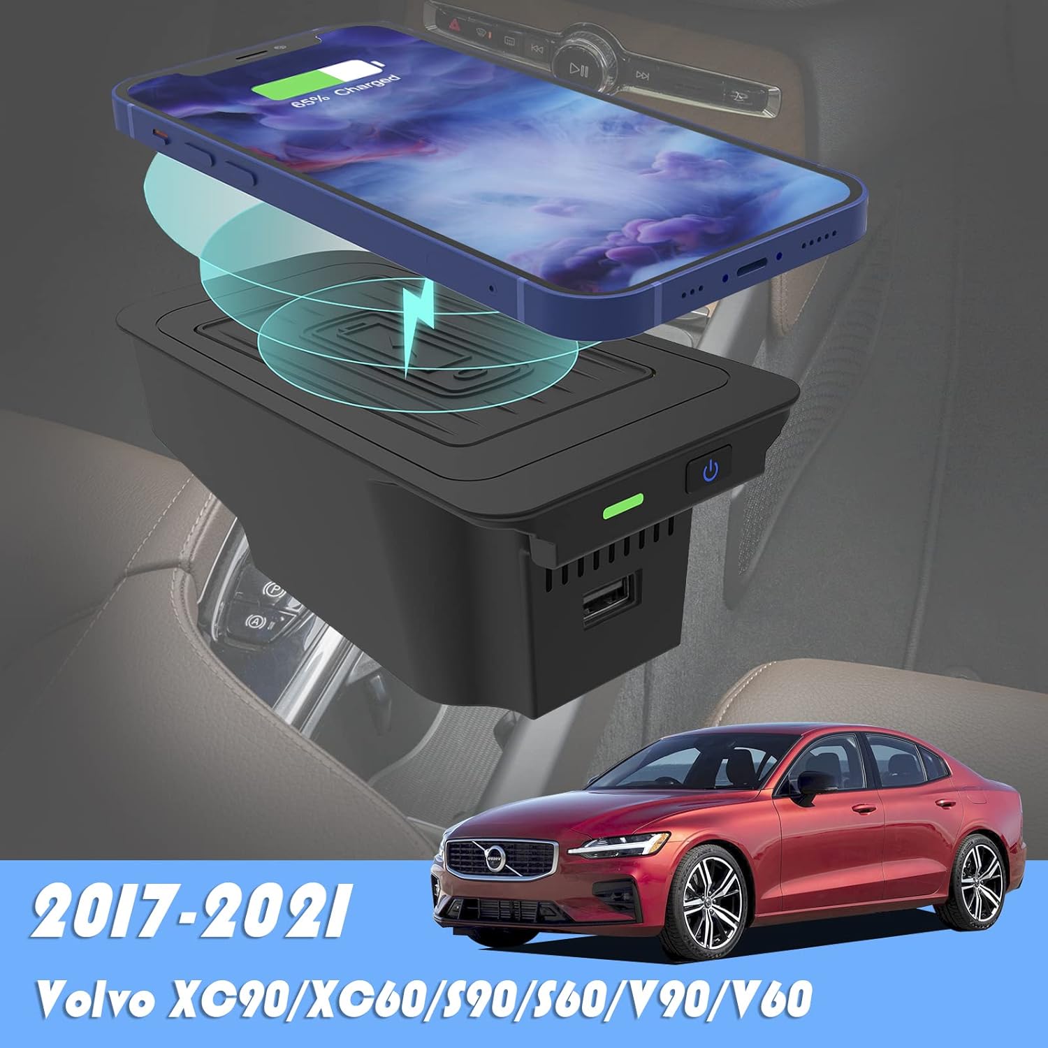 CreekT Charging Pad for Volvo XC90 XC60 S90 S60 V90 V60 2021-2017, Center Console Interior Wireless Charger Fit for Volvo Accessories 2021 2020 2019 2018 2017 Pack of 2