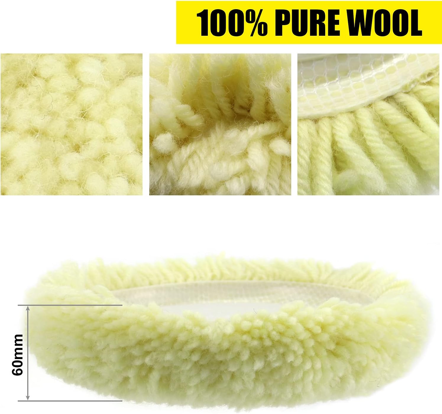 POLIWELL Wool Buffing Pads 7 Inch Set 100% Wool Buffing Pad Hook and Loop 3Pack, 5/8-11T Shark Backing Pad Kit, Cleaning Spur Tool + 7&rdquo; Waxing Bonnet Pads 3pcs for Compound Cutting & Polishing, 9Pack