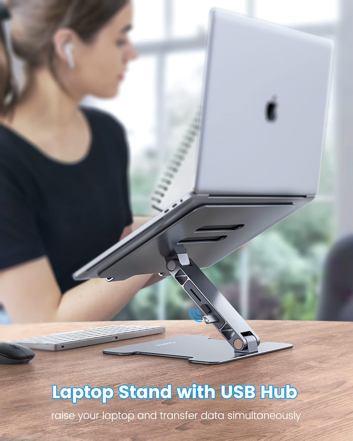 Laptop Stand Adjustable Height, ORICO Aluminum Laptop Riser with Extra Power Supply 2 USB A Hub SD Card Compatible with 10-17
