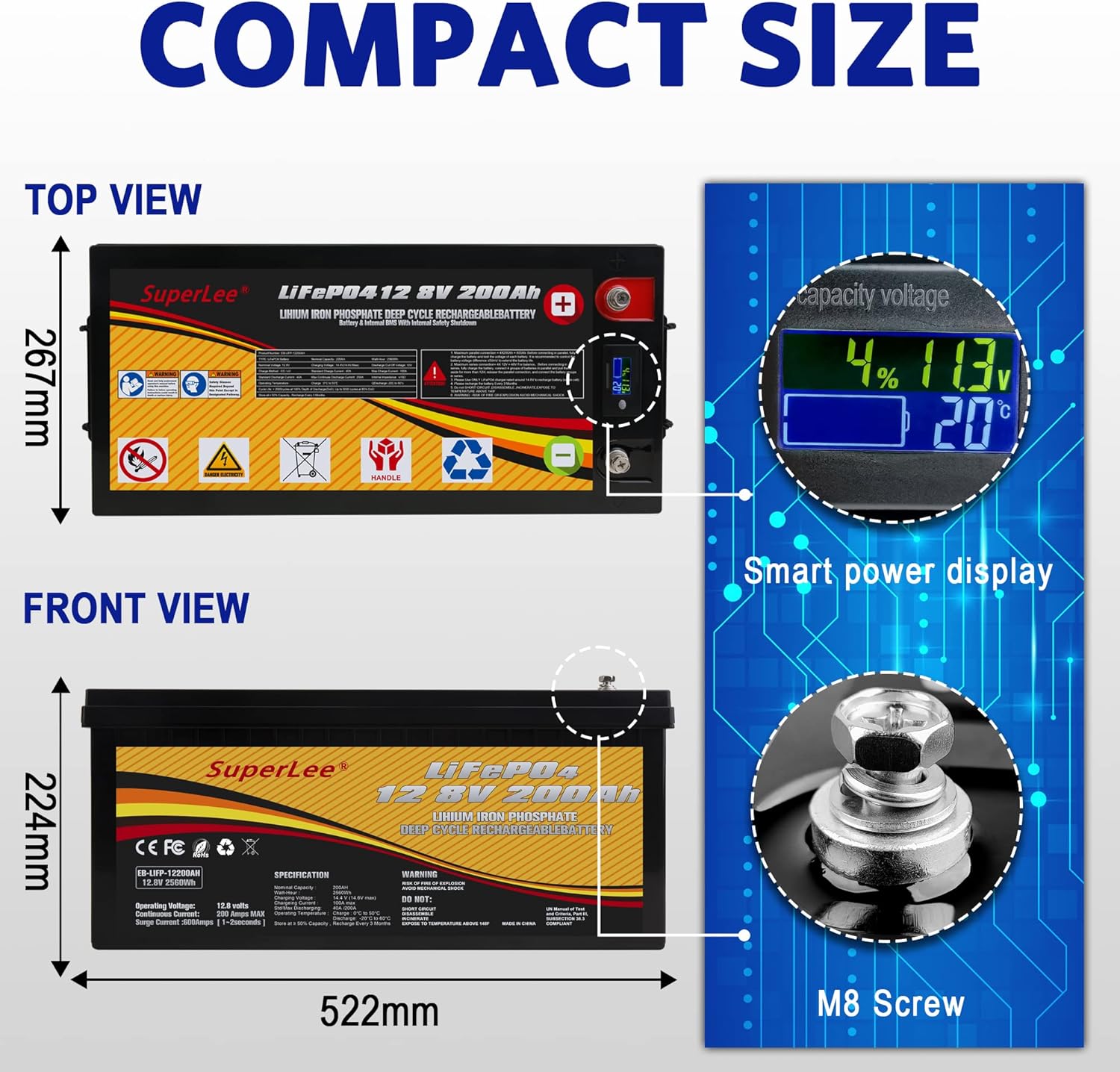 12.8V 200AH LiFePO4 Battery with LCD Display, 5000+ Cycle Lithium Iron Phosphate RV Battery with BMS, Multi-Purposes Lithium Battery, Great Solutions for Home Energy Storage Off-Grid and Backup Power