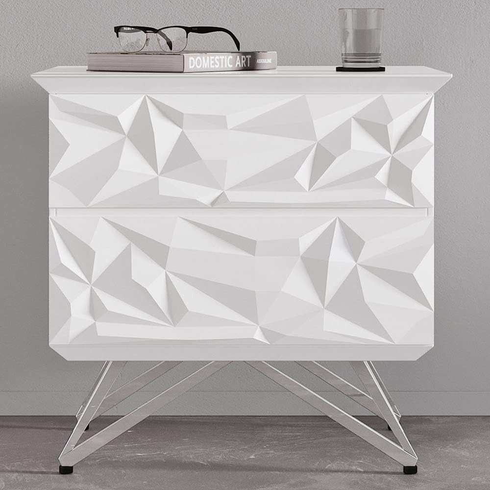 Modern Abesti 2 Drawer Accent Table in White High Gloss Lacquer with Chrome Legs