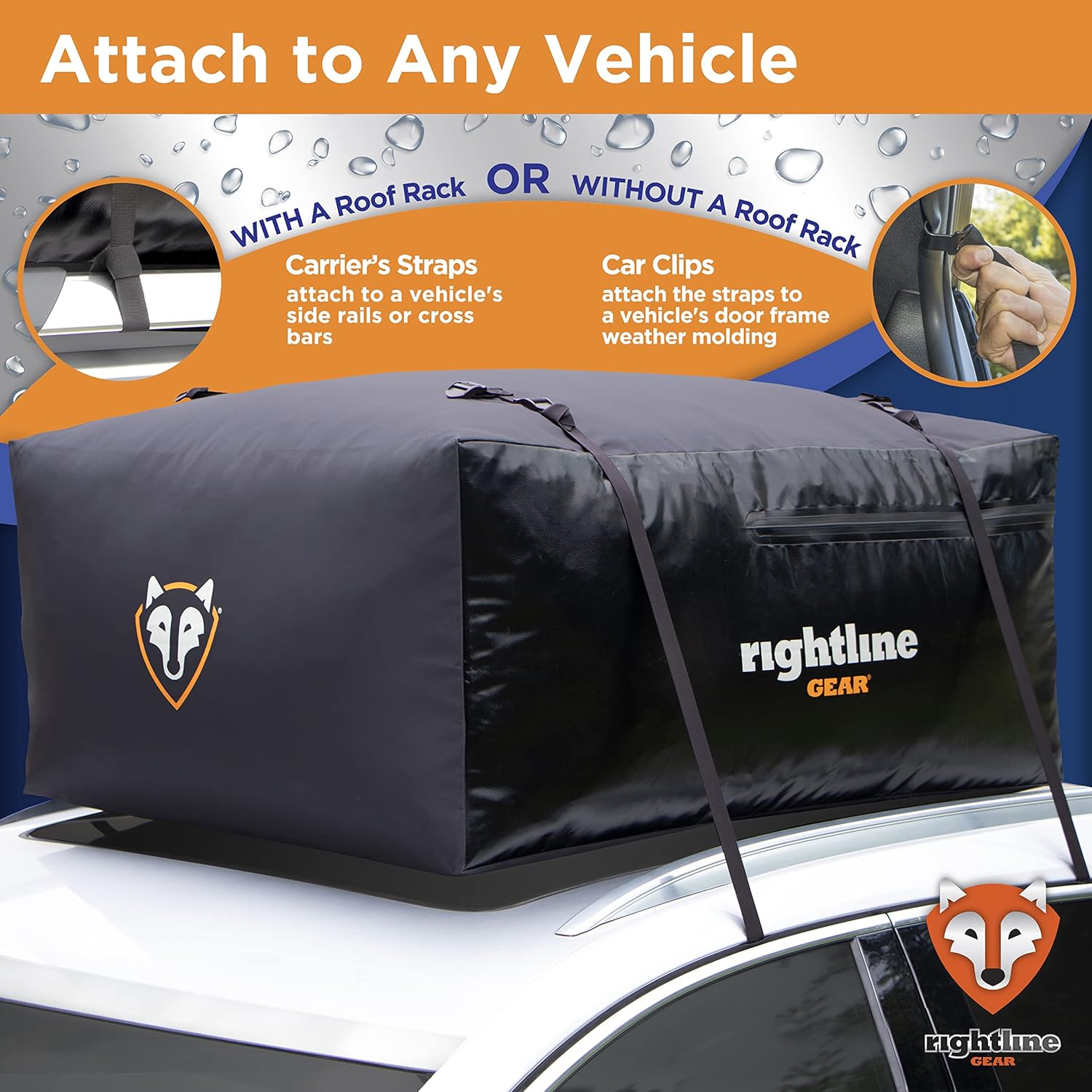 Rightline Gear Sport 2 Car Top Carrier, 15 cu ft, 100% Waterproof Zipper, Attaches With or Without Roof Rack