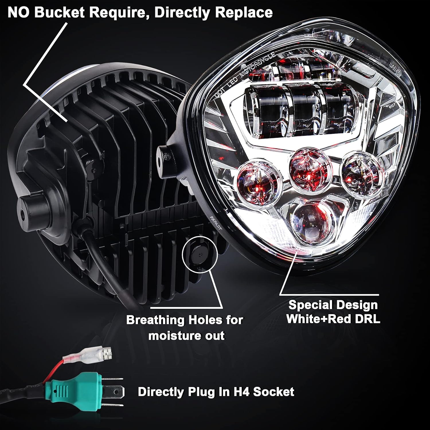 PXPART Motorcycle LED Headlight 7inch Hi Lo Beam White&Red DRL with Universal Motorcycle Mounts Bracket Compatible with Harley Honda Kawasaki Suzuki Yamaha