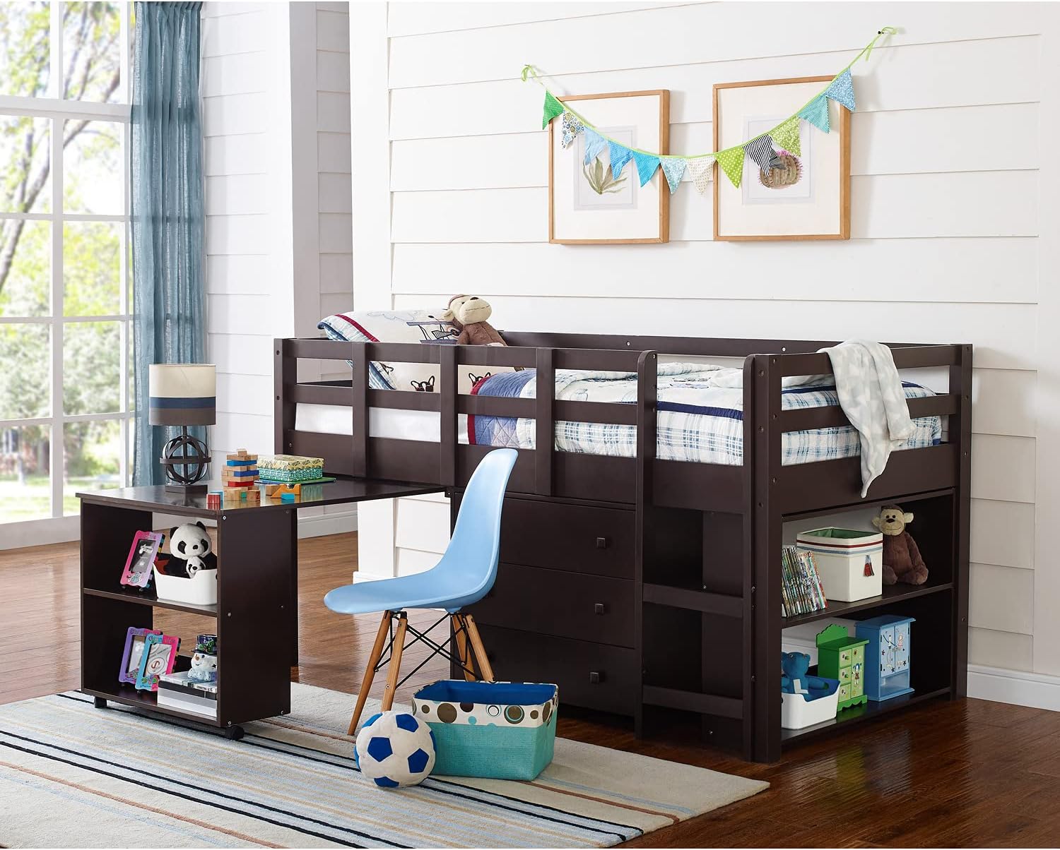 Twin Loft Bed with Desk, Low Study Loft Bed Frame with Storage Cabinet, Ladder, Rolling Portable Desk, Bookcase Shelf, Multifunctional Space Saving Bed for Kids, Children, Twin Size - Espresso
