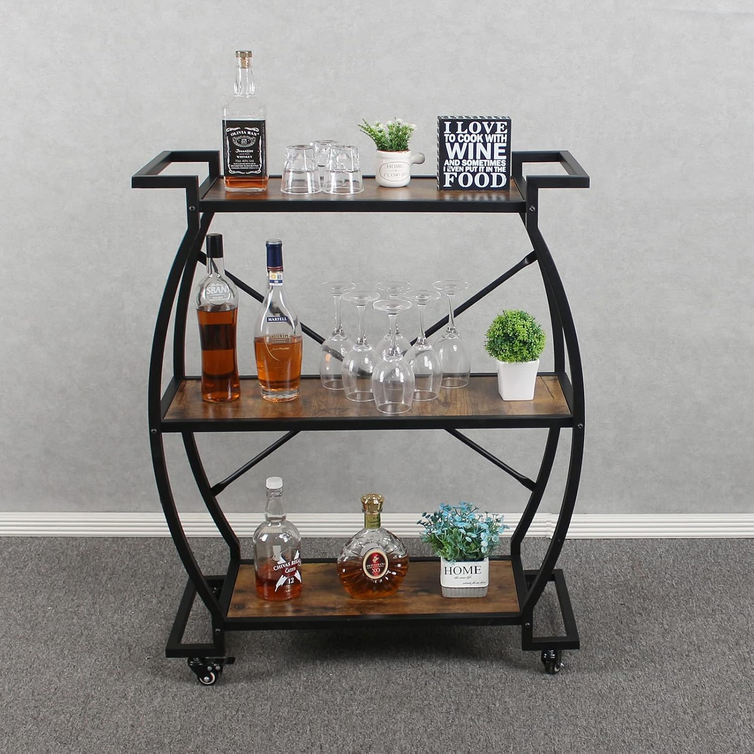 Bar Cart, Kitchen Serving Cart, Utility Cart with Wheels and Handle, for Home Kitchen,Parties, Clubs,Rusic Brown and Black (3-Layer)
