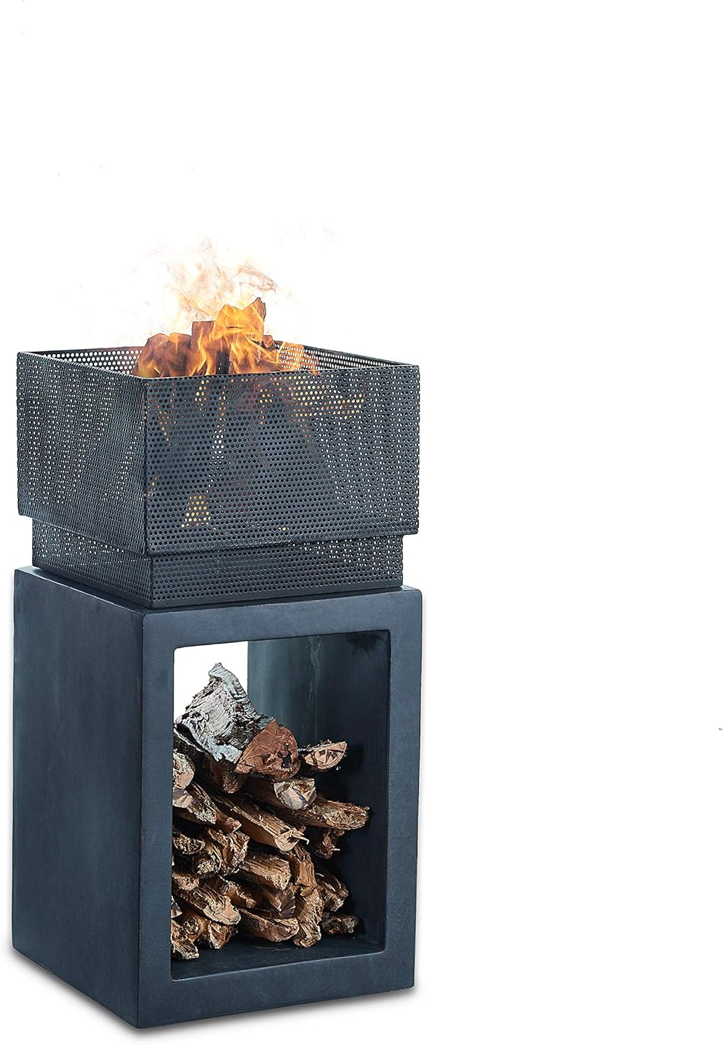 Danya B. TFE979756 Outdoor Rectangular Wood Burning Fire Pit for Backyard or Patio &ndash; Metal Fire Bowl with Built-in Faux Stone Firewood Holder/Rack