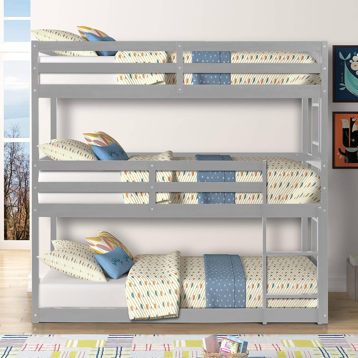 Melpomene Detachable Triple Bunk Bed, Twin Over Twin Over Twin, Heavy Duty Low Bunk Bed with Safety Rails and Sides Built-in Ladders for Bedroom, Kids, Teens. (Gray + Pine)