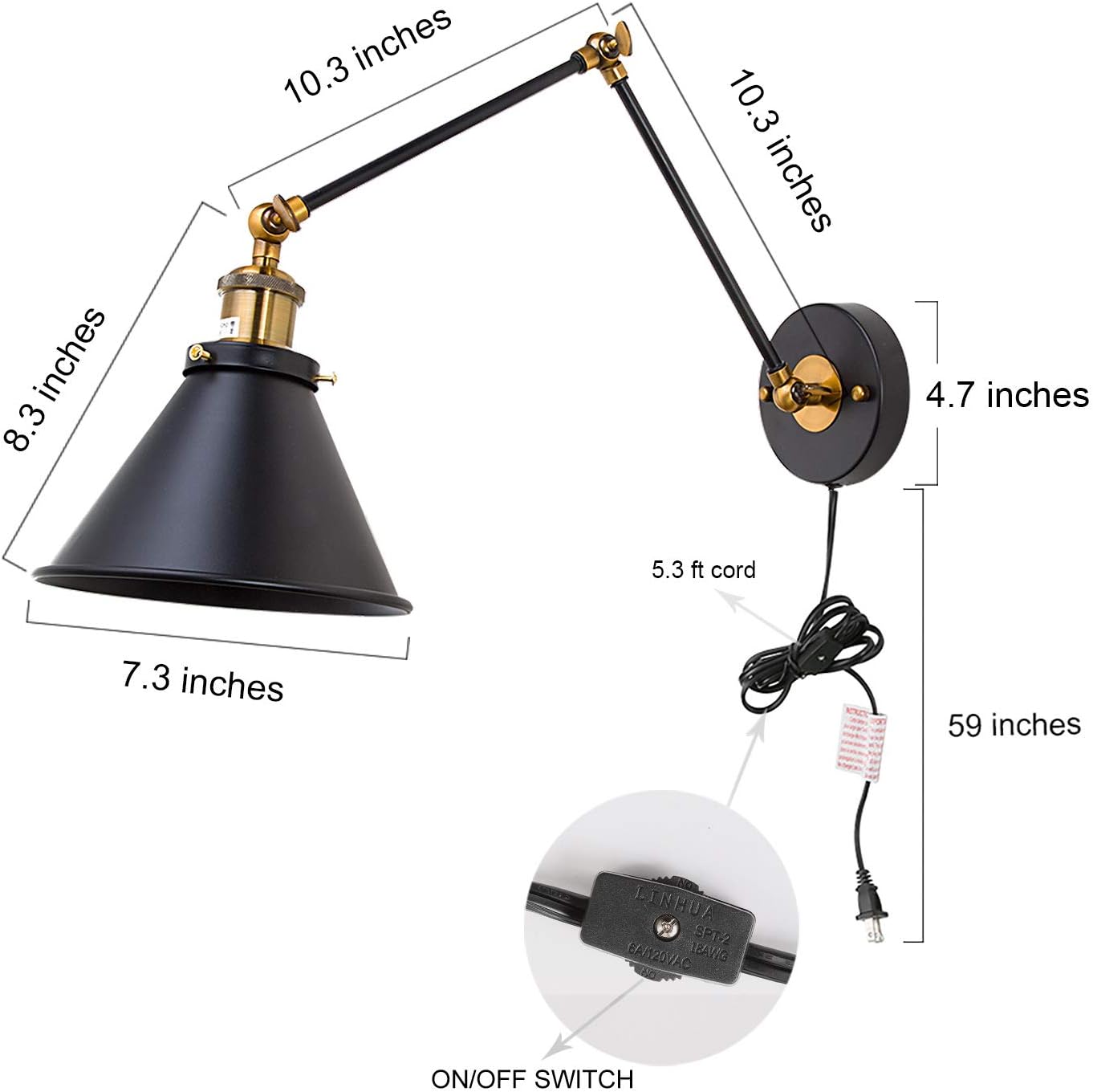 LALUZ Swing Arm Wall Lamp, Plug-in or Hardwire Sconces Wall Lighting for Bedroom Living Room,Antique Brass and Black Matte Finish (2 Pack)