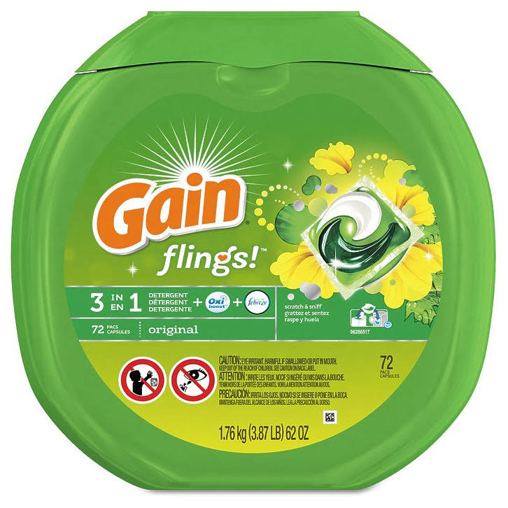 Gain 10037000867927 Flings Detergent Pods, Original, 0.06 Pac, 72/Container, 4 Container/Carton