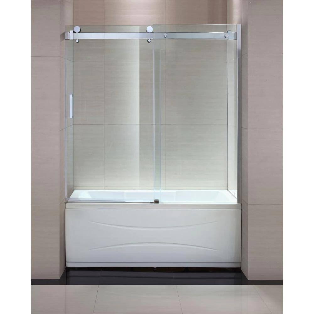 Schon Judy 60 in. x 59 in. Semi-Framed Sliding Trackless Tub and Shower Door in Chrome with Clear Glass