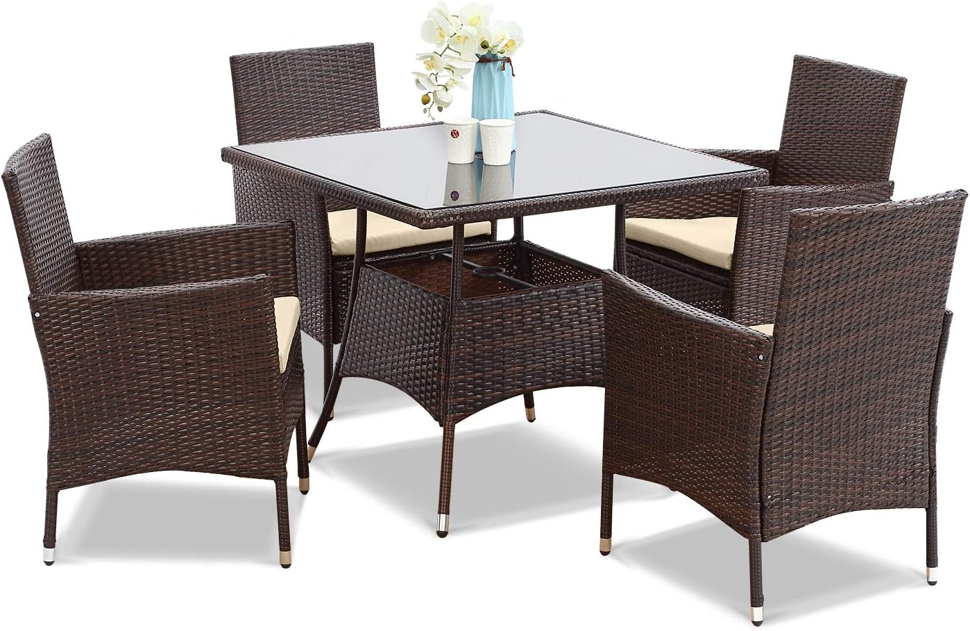 Wisteria Lane Outdoor Furniture 5-Piece Wicker Patio Dining Table and Chair Set,Square Tempered Glass Table Top with Umbrella Hole for Backyard,Brown