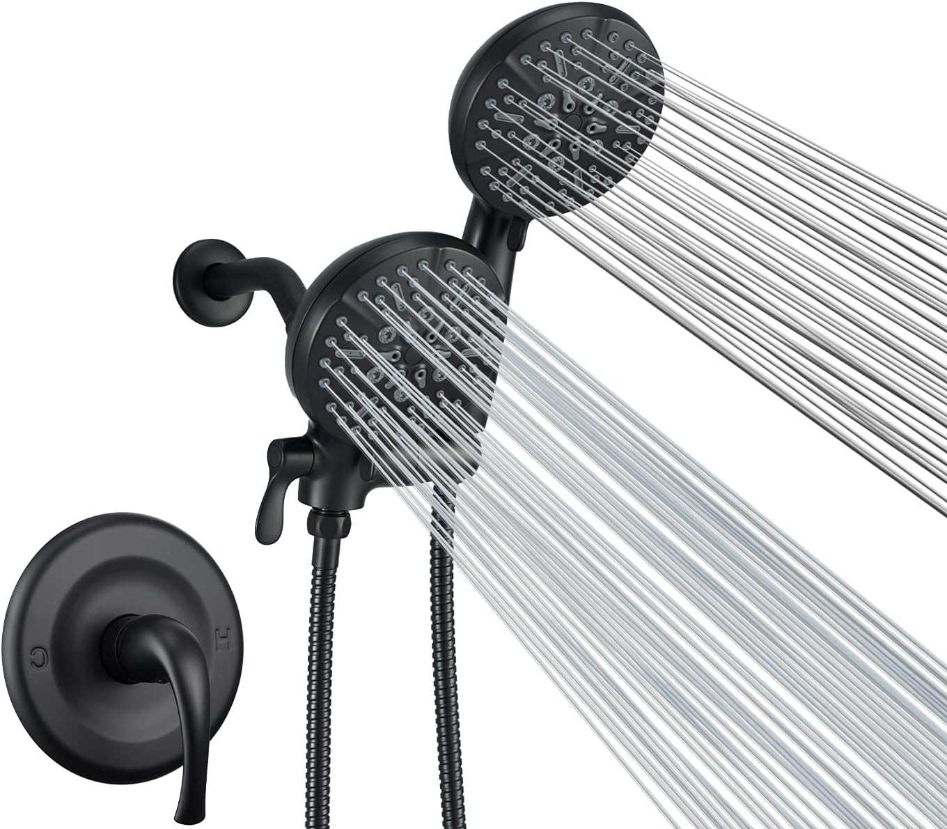 JINGZE Shower System, Dual Shower Faucet with Valve, 5'' Handheld Showerhead & Rain Shower , High Pressure 3-way Water Diverter Shower Trim Kit 24-Function Black