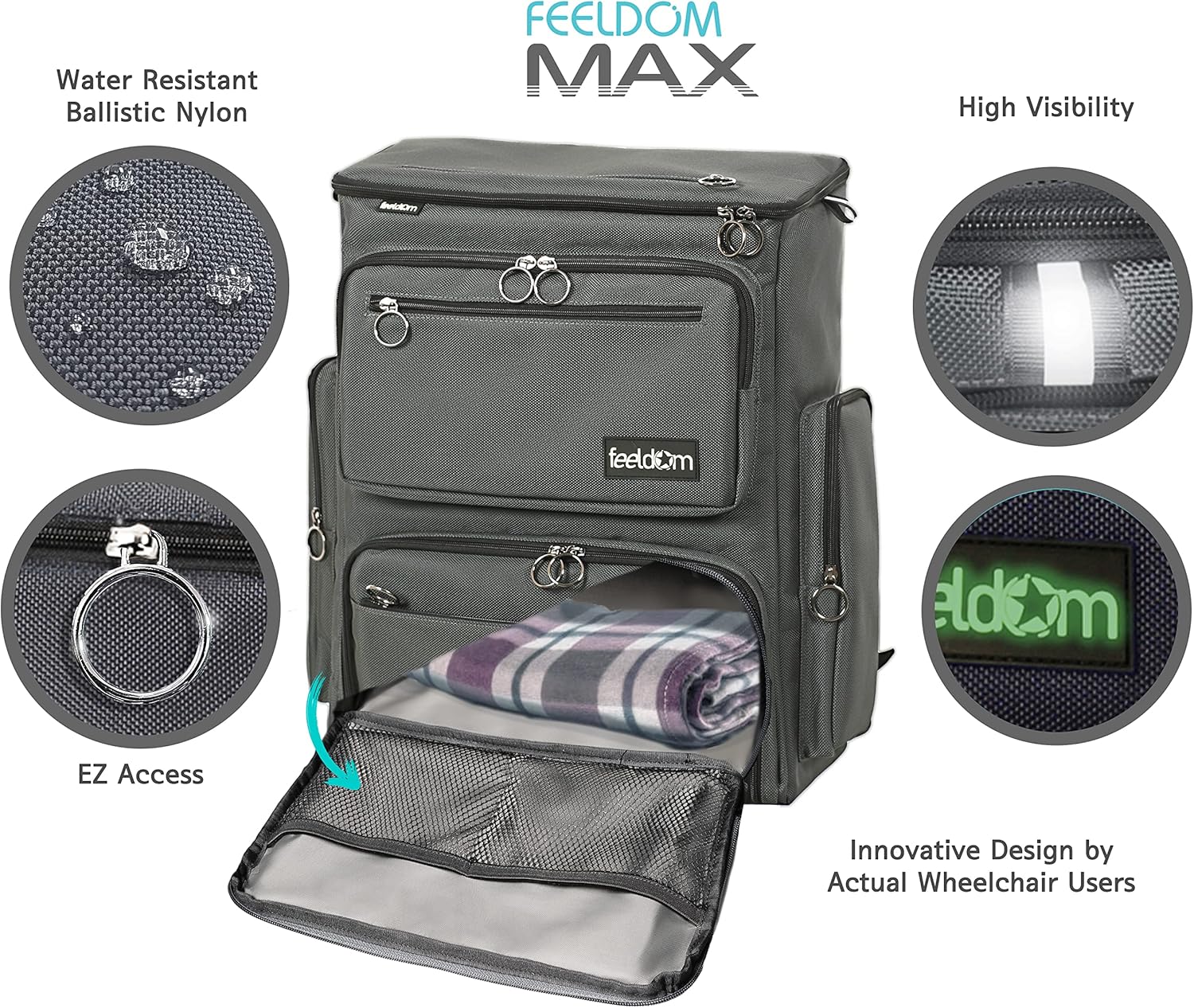 FEELDOM Wheelchair Bag, Fits Scooter, MAX - Large, Charcoal Grey - Water Resistant, Extra Storage Space, Durable, Premium Quality, Mobility Gear, Modern Chic Design, EZ Access