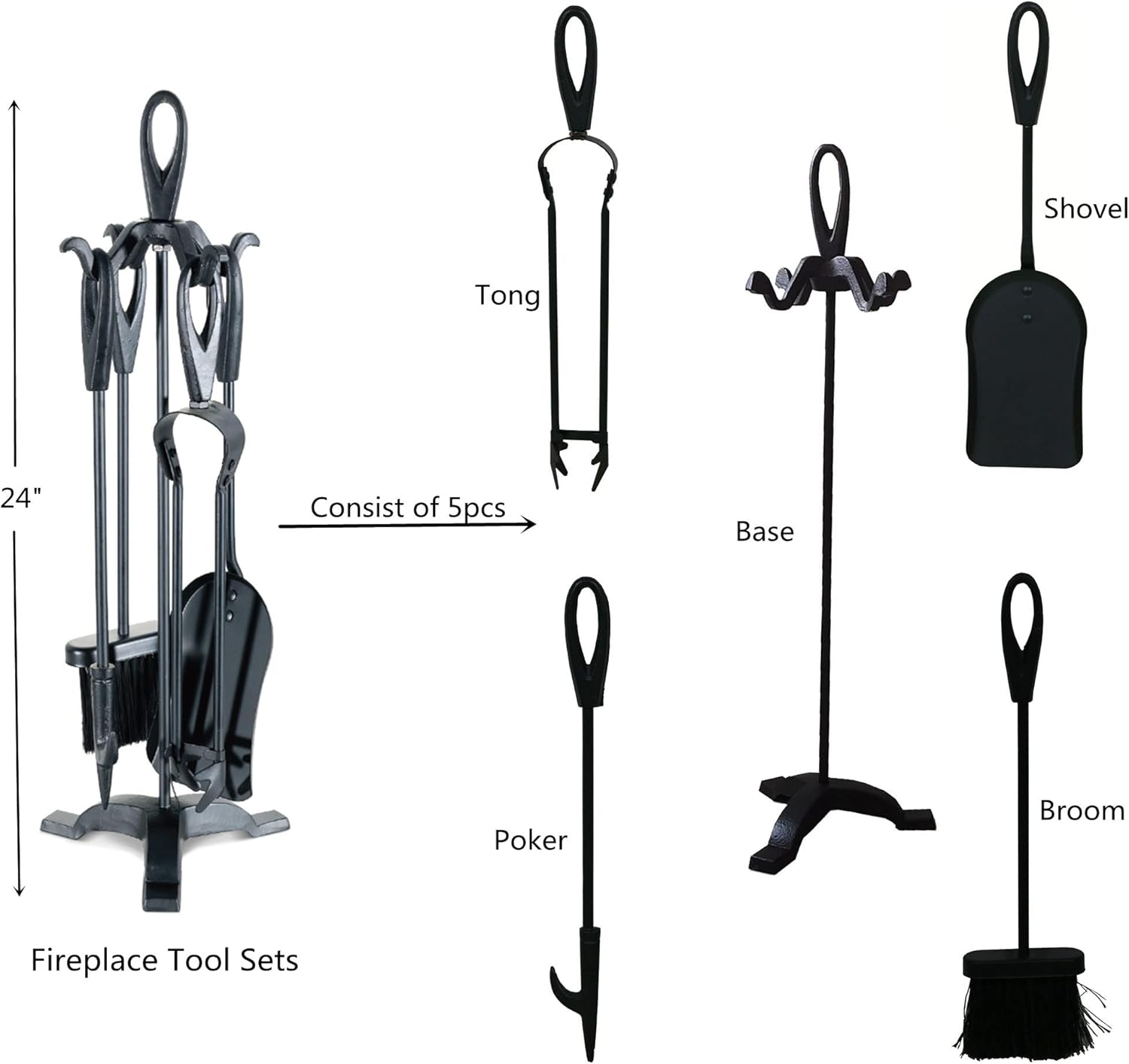 VODA Fireplace Tools Set 5 Pieces Black Cast Iron Indoor Fireset Fireplace Pit Stand, Poker, Shovel, Brush,Wood Stove Log Tongs, Holder Tools Kit Sets 24 Inches Classic(Black) Pack of 2