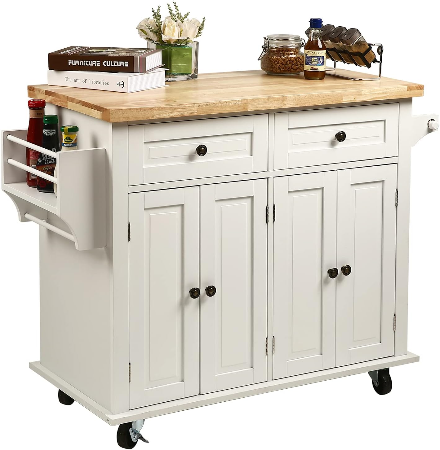 NSdirect Kitchen Island Cart,Kitchen Bar&Serving Cart Rolling on Wheels with Spice Rack Towel Holder Utility Storage Trolley with Storage Drawers for Home Hotel Kitchen Dinning Room