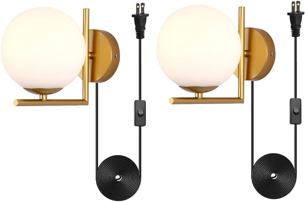 2 Pack Golden Socket Metal Wall Lighting White Glass Global Wall Lamp Industrial Wall Sconces Plug in Cord for Bedroom Bedside Decoration