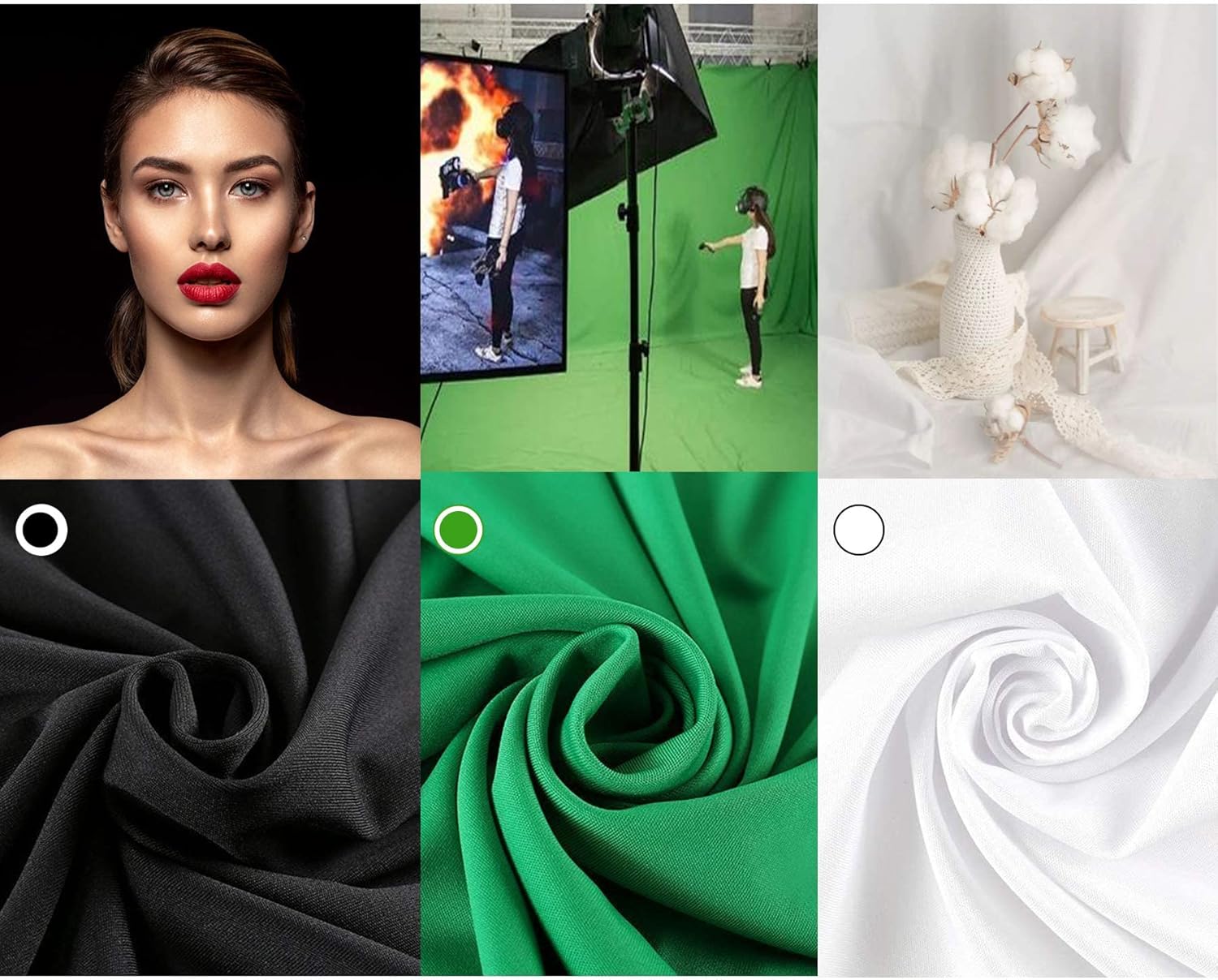 Background Holder, Background Setting, Background kit, Photo Background kit, 8.5 x 10 feet Background Holder, 100% Polyester Cloth 6x9 (White, Black and Green) Photo Background, with Bag and 4 Clips