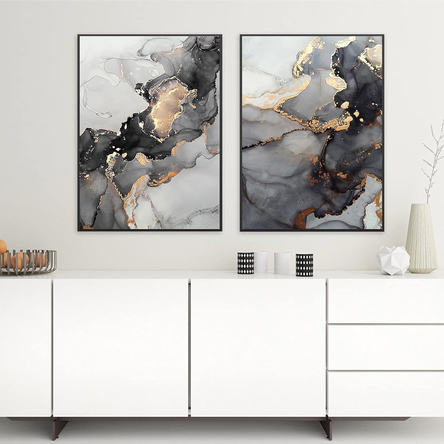 Print on Canvas Black and Gold Marble Wall Decor Gray Abstract Canvas Painting Wall Art Nordic Print Scandinavian Room Decor Picture Unframed (16x24inchx2 Unframed)
