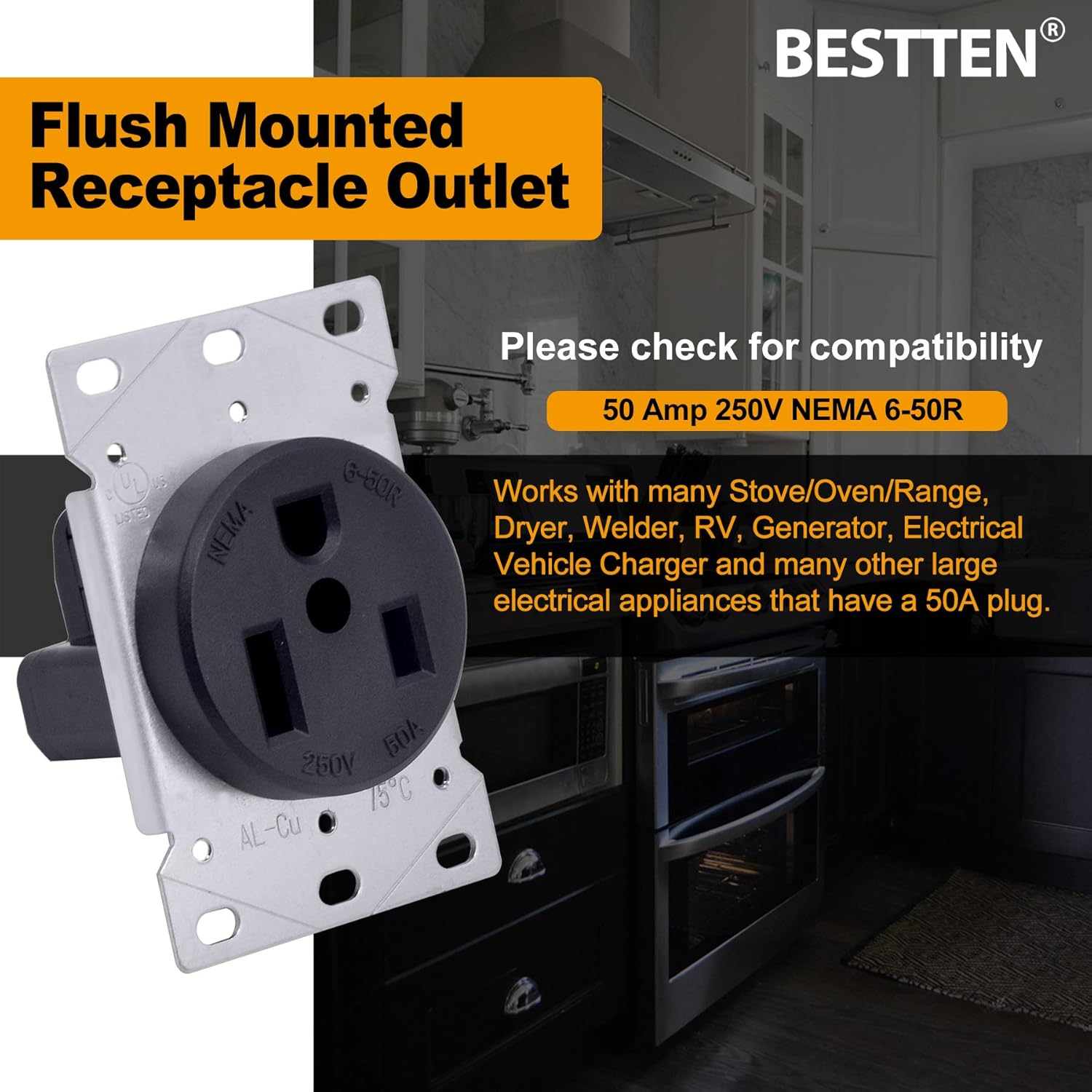 [5 Pack] BESTTEN 50 Amp Flush Mounted Receptacle Outlet, NEMA 6-50R, 2-Pole, 3-Wire, 250V, Grounded, UL Listed, Black