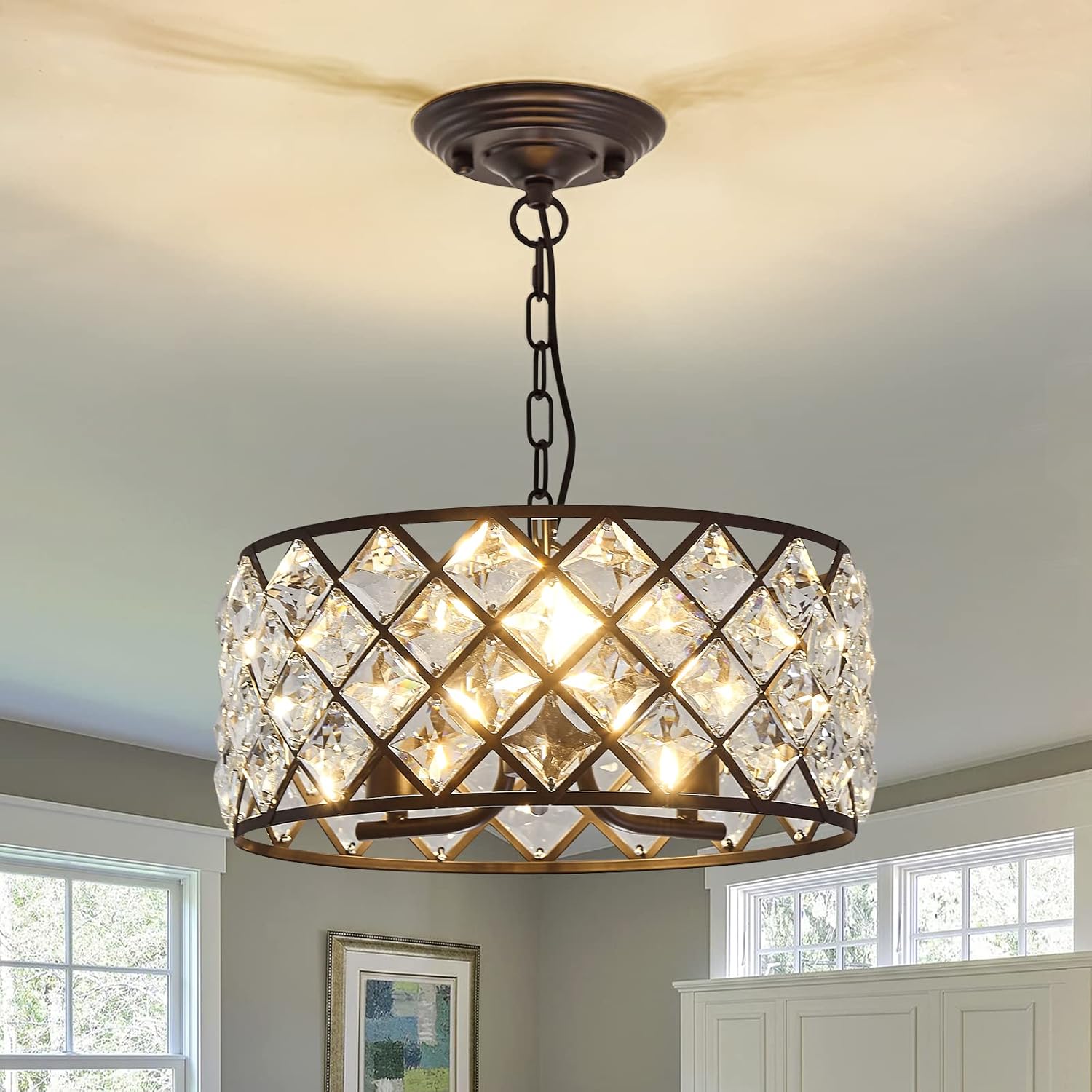 DAFKOS 3 Lights Modern Crystal Chandelier,Black Metal Farmhouse Pendant Light,E26 Adjustable Ceiling Lighting Fixture for Dinning Room Living Room Bedroom Kitchen Foyer Hallway