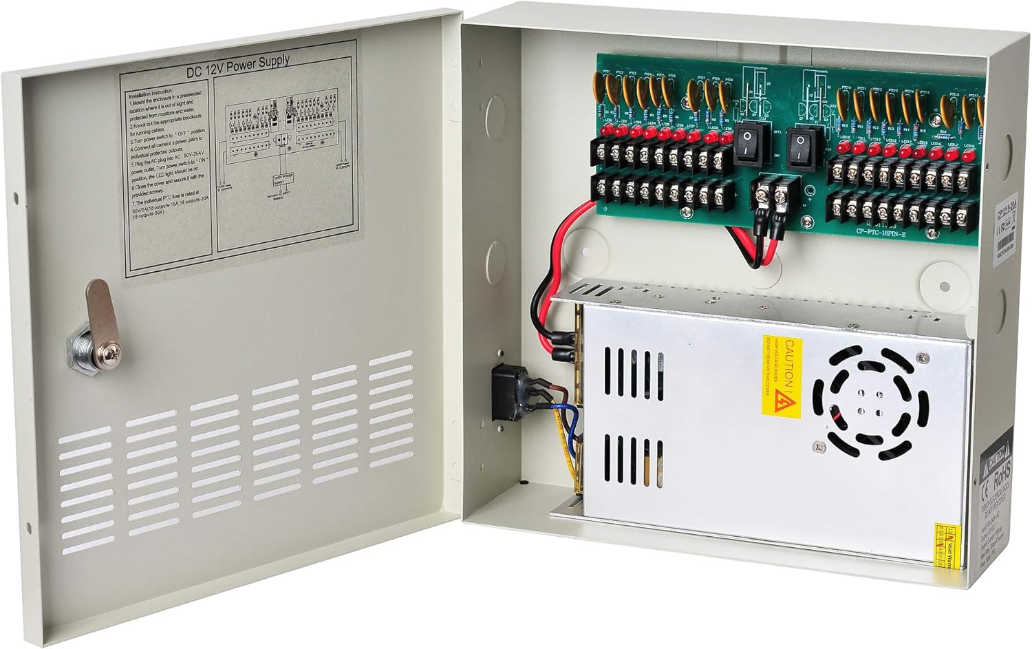 EVERSECU 18 Channel DC12V 30 Amp Reset Fuse CCTV DC Distributed Power Box with AC Plug and Lock for Security Cameras, DVRs, CCTV Power Supply Pack of 2