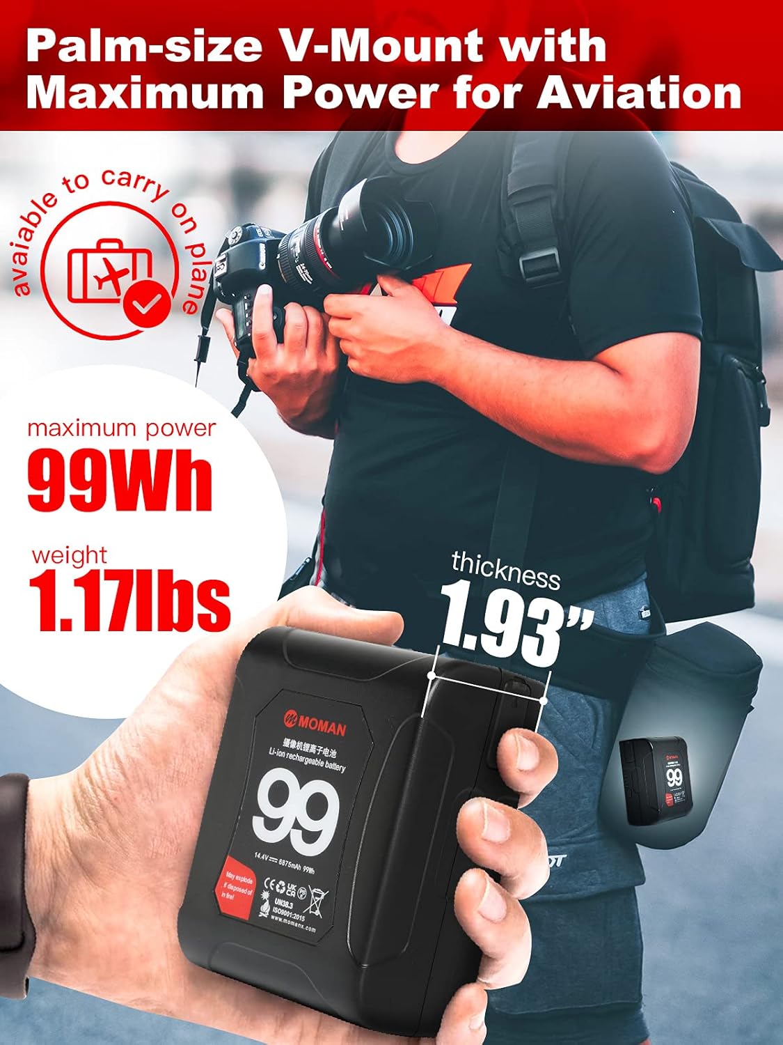 Moman Mini V Mount Battery, Power VMount V-Lock Batteries 99Wh 15A Draw with Dual D-Tap & USB Outputs Power Bank for Blackmagic Cameras Camcorders LED Lights Monitor, Moman-Dtap-V-Mount-Battery