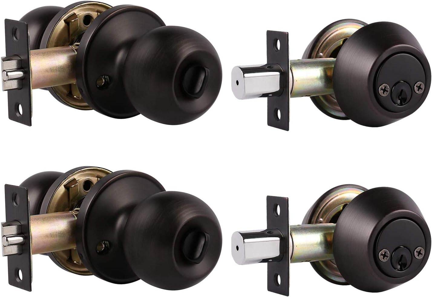 4 Pack Keyed Alike Entry Door Knob and Single Cylinder Deadbolt Lock Set Security for Entrance and Front Door, Exterior Door Lock Set with Deadbolt in Oil Rubbed Bronze Finish, Door Knob with Deadbolt