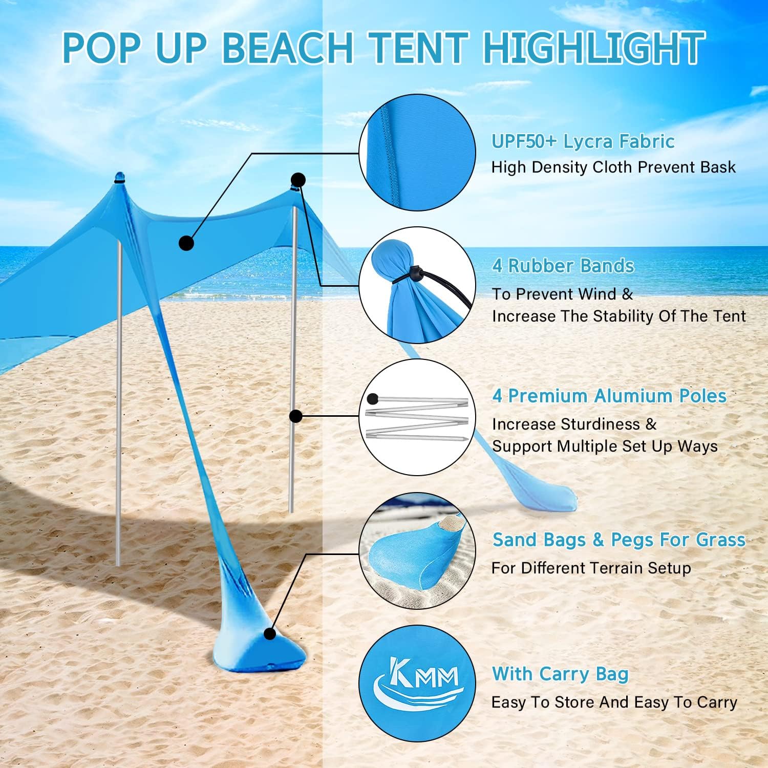 KMM Beach Tent Sun Shade with UPF50+ UV Protection,10X10ft Beach Canopy with 4 Poles, Pop Up Sun Shelter for Beach, Camping, Fishing, Backyard and Picnics