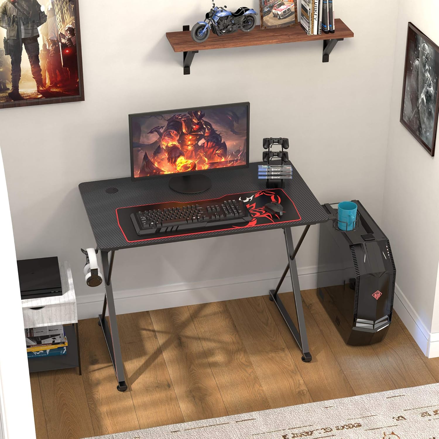It's_Organized Gaming Desk 39 inch Gaming Table with Large Mouse Pad X-Shaped Gamer Workstation with Handle Rack Cup Holder Headphone Hook,Black