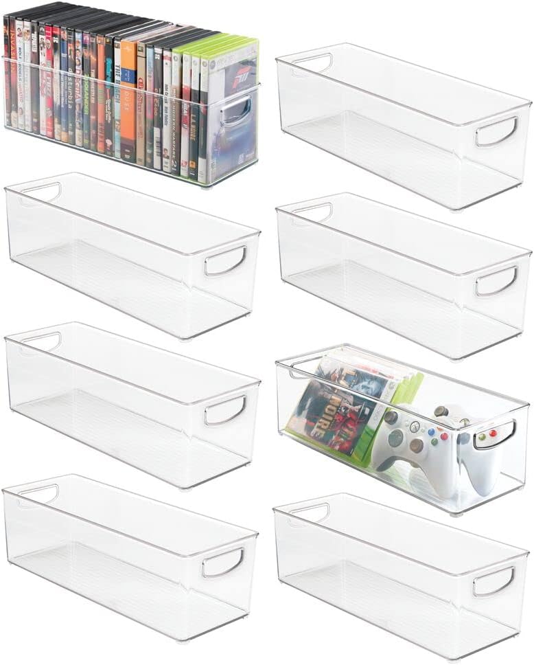 mDesign Plastic Video Game Organizer - Game Storage Holder Bin with Handles for Media Console Stand, Closet Shelf, Cabinets, Tower, and Bookshelves - Holds Disc, Video Games, Head Sets, 8 Pack - Clear
