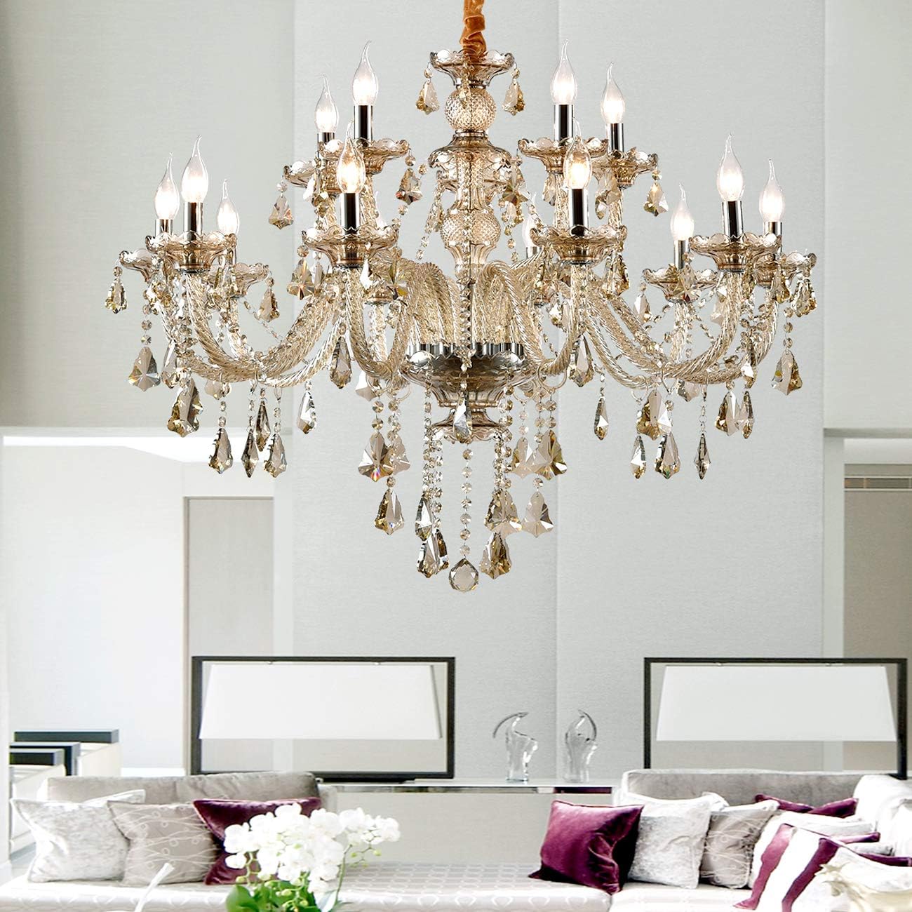 Ridgeyard 15 Lights Luxurious K9 Crystal Chandelier Candle Cognac Pendant Lamp Ceiling Lighting for Dining Living Room Bedroom Hallway Entry (15 Lights Cognac Color)