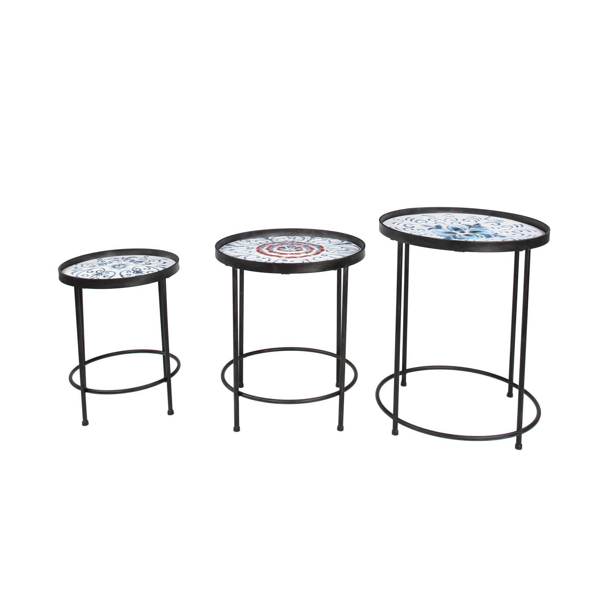 Zimlay Round Blue, Black and White Metal Set of 3 Nesting Accent Tables 42997