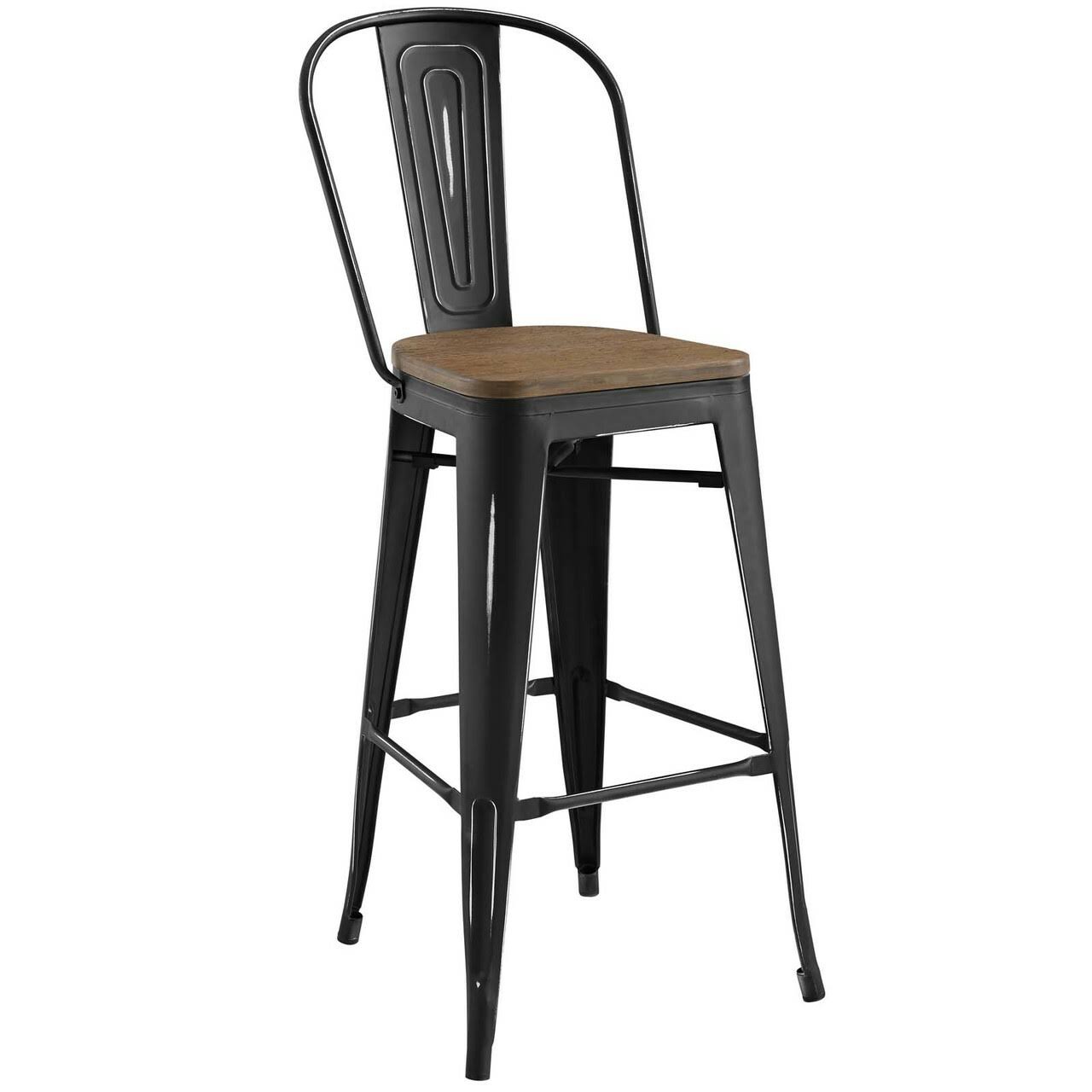 Mod Industrial Country Cottage Farm Beach House Bar Pub and Dining Kitchen Bar Side Stool Chair, Metal Steel Wood, Black