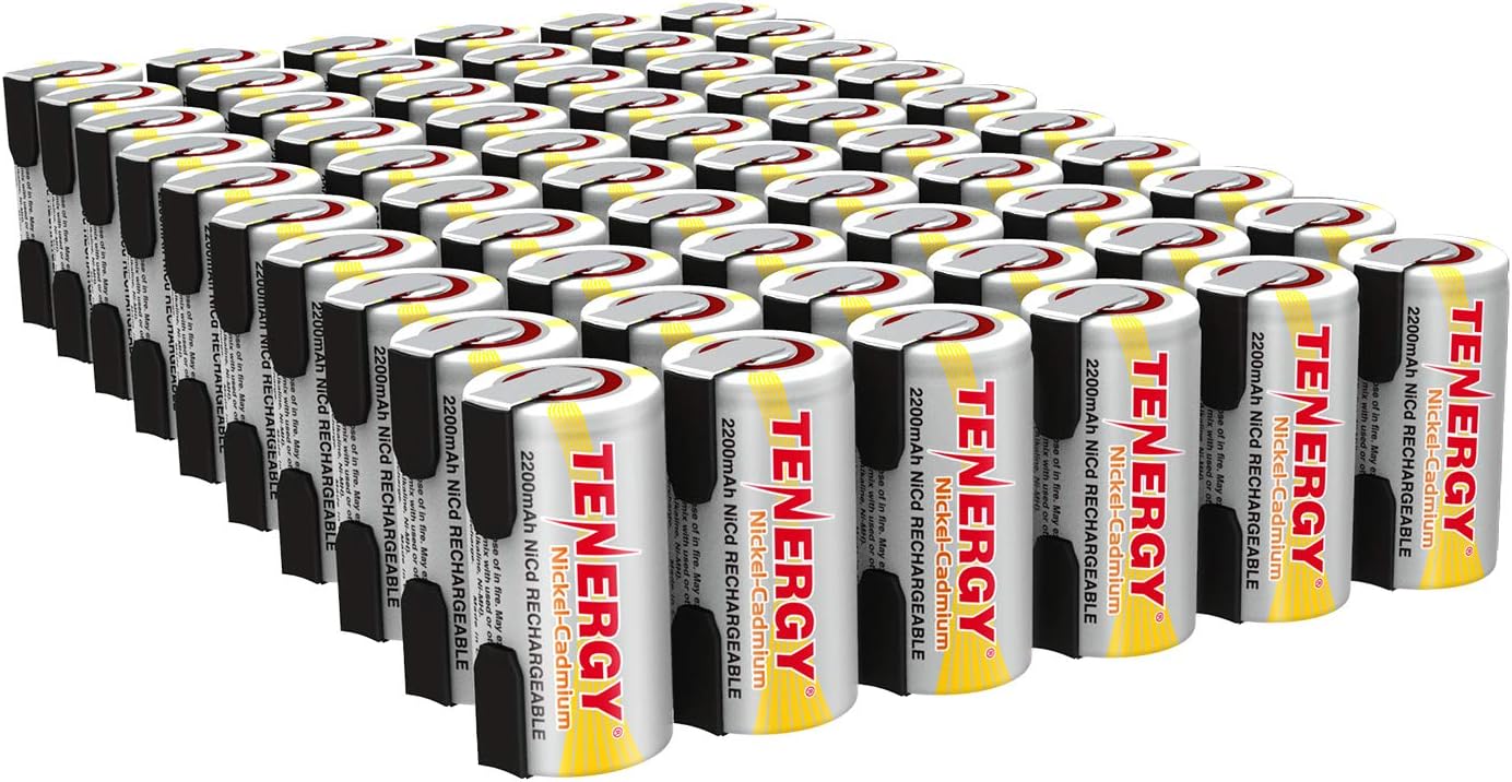 Tenergy 2200mAh Sub C NiCd Battery for Power Tools, 1.2V Flat Top Rechargeable Sub-C Cell Batteries with Tabs, 60 Pack